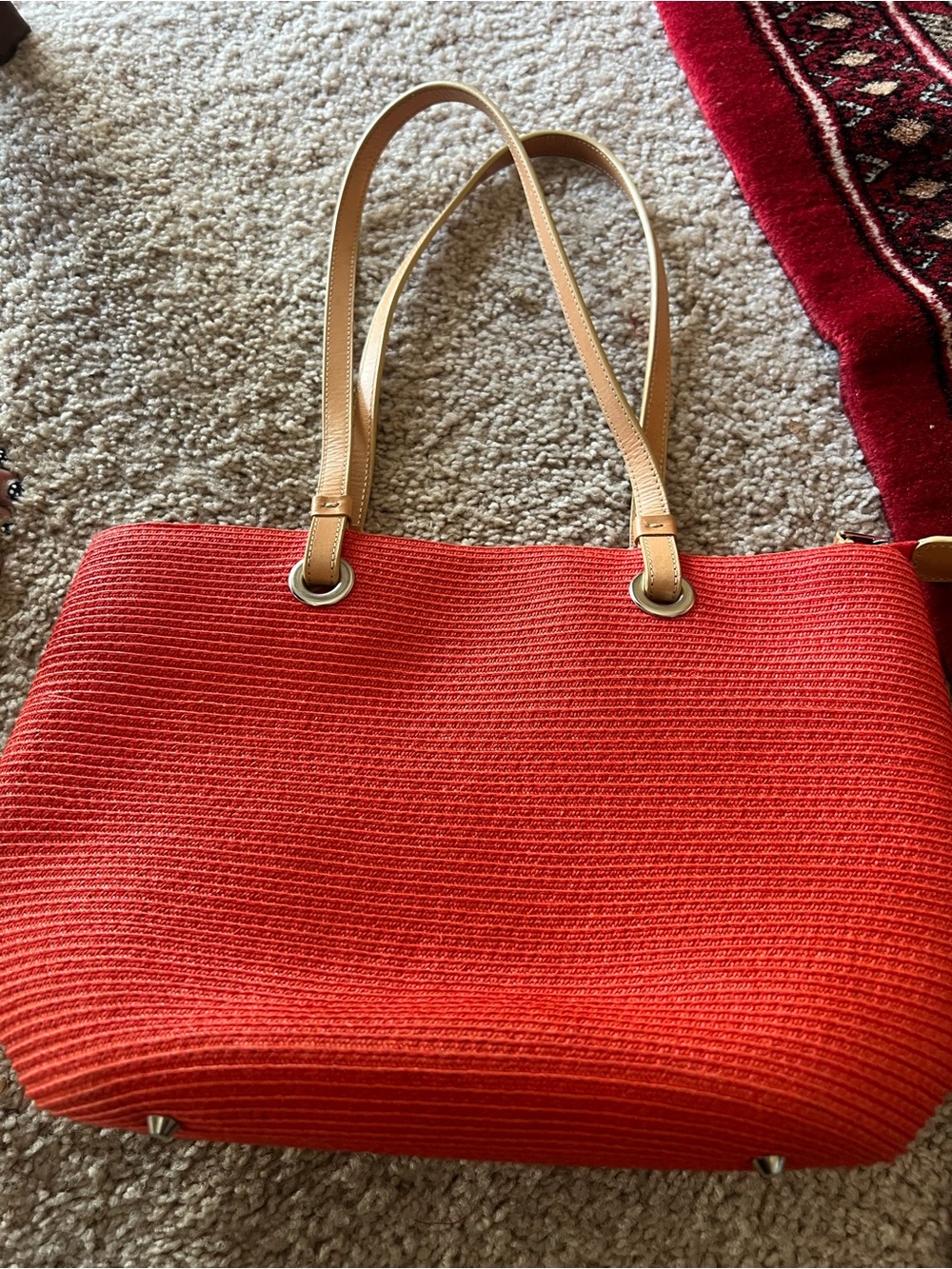 Talbots Orange Woven Tote with Tan Shoulder Straps